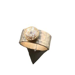 Sterling Silver Hammered Band Ring Large Quartz Stone Mexico Handmade Size 11